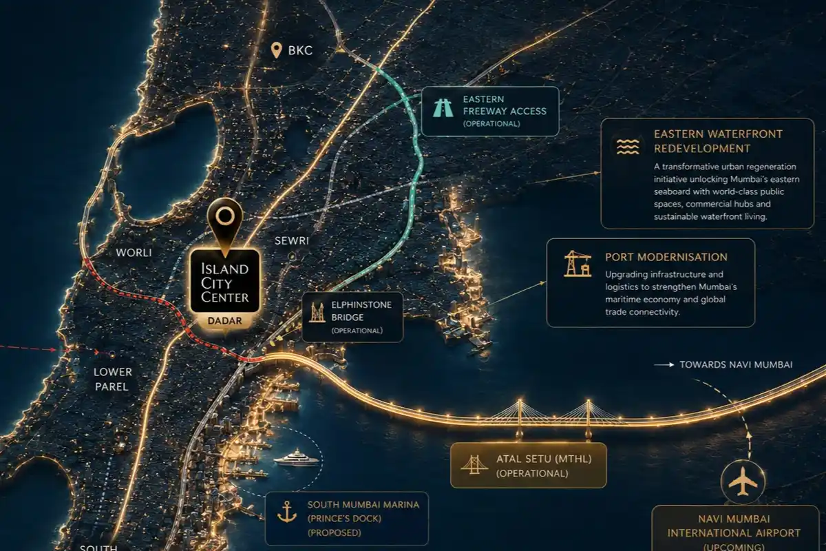 Island City Center Dadar East location map showing nearby schools, hospitals and hotels
